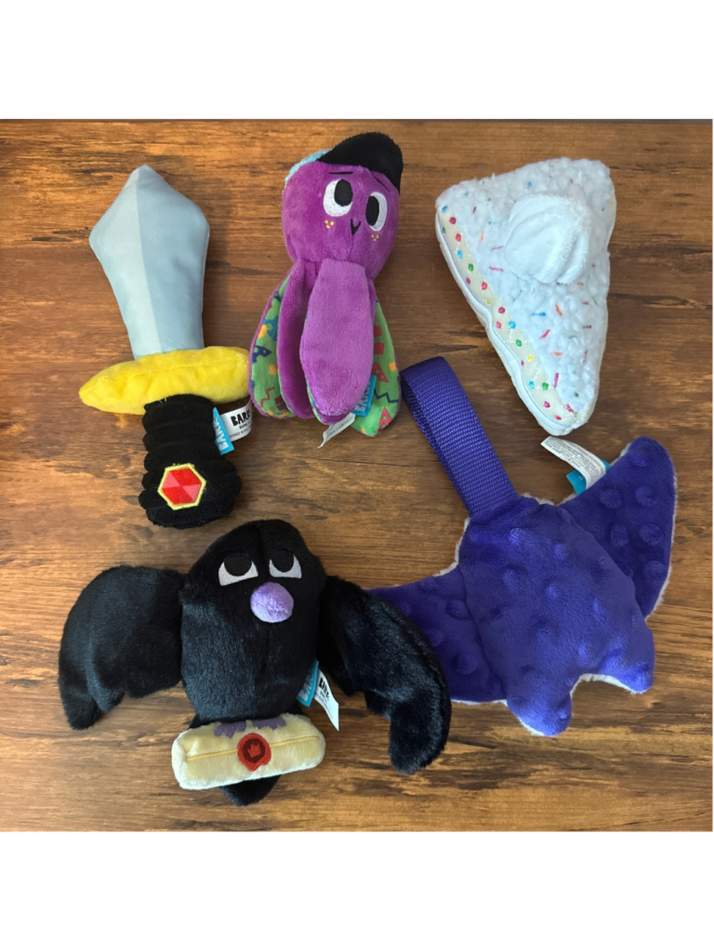 BarkBox Dog Toy Lot of 5 Plush Octopus Raven Cake Stingray Sword